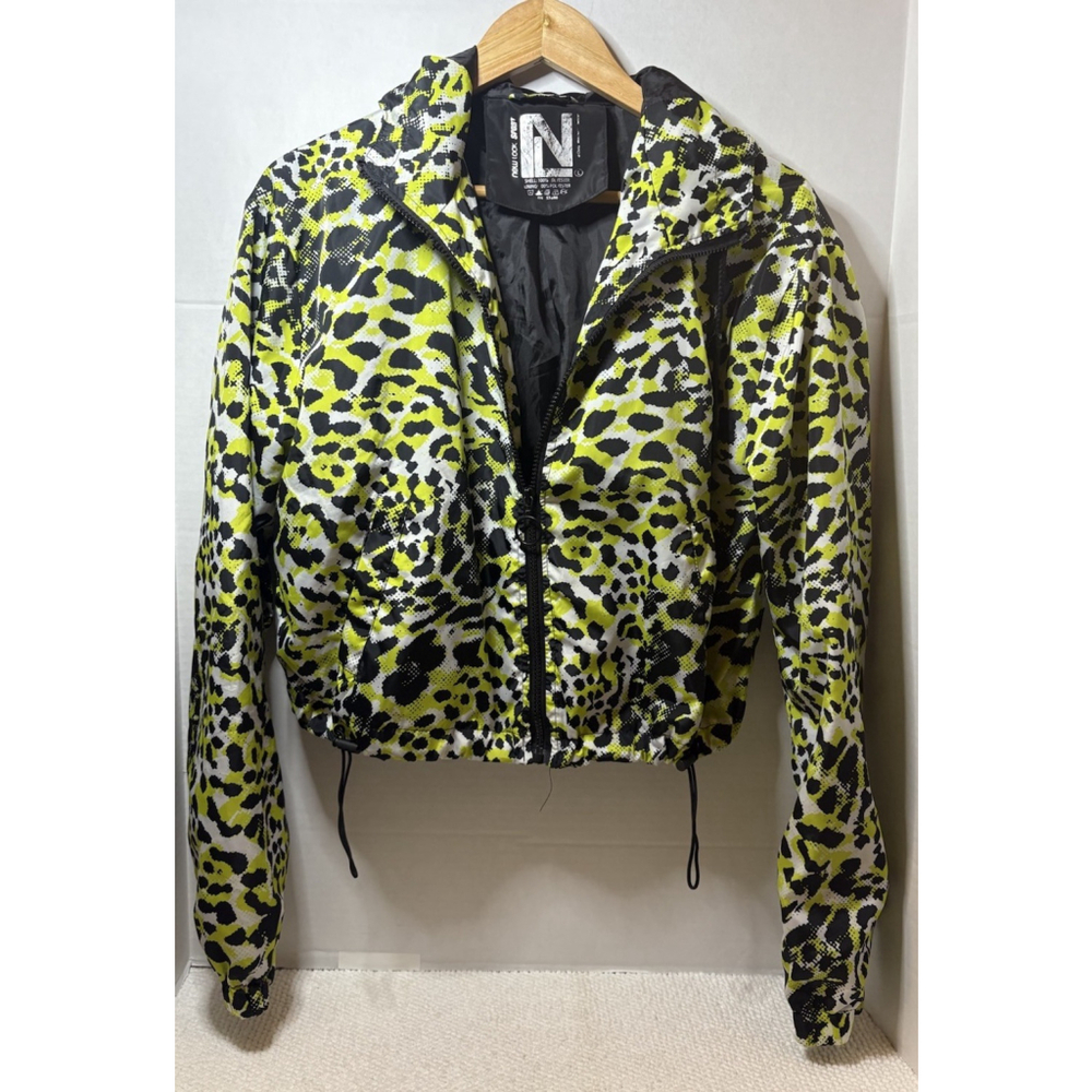 New Look Womens Windbreaker Light Weight Jacket Neon Green Black Leopard Large